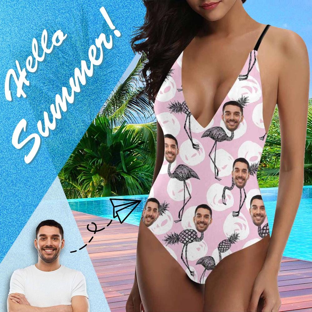 Custom Custom Face Funny Flamingo Swimsuit Personalized Women's Lacing Backless One Piece Bathing Suit Honeymoons For Her - YesCustom