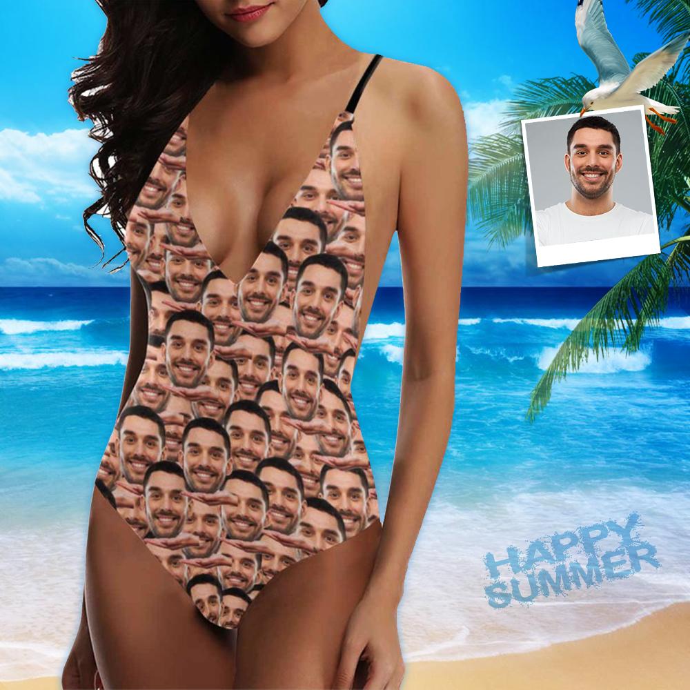 Custom Custom Face Funny Gesture Swimsuits Personalized Women's Lacing Backless One-Piece Bathing SuitHoneymoons For Her - YesCustom