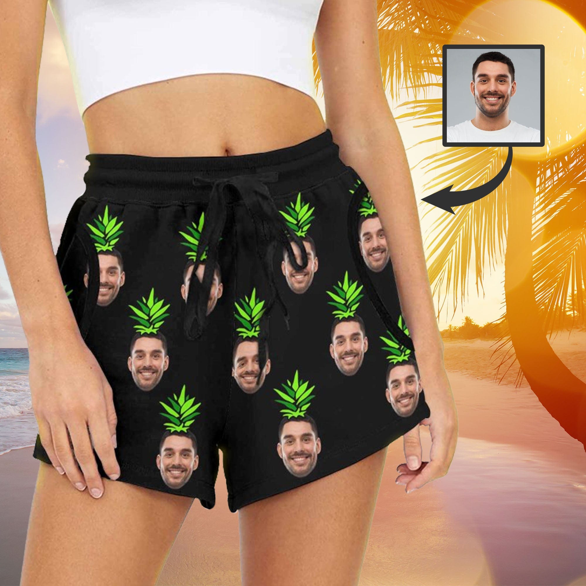 Custom Custom Face Funny Pineapple Mid-Length Board Shorts Swim Trunks for Her Create Your Own Personalized Shorts - YesCustom