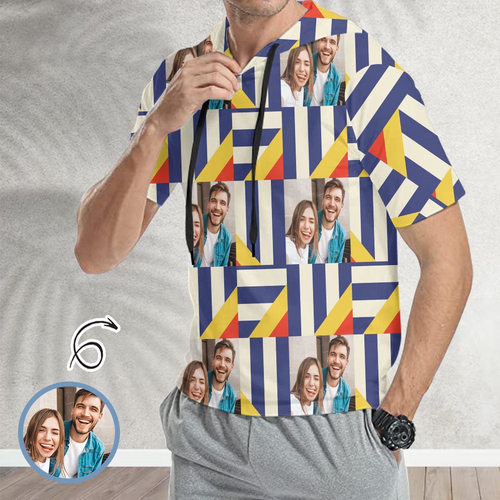 Custom Custom Face Geometric Stitching Short Sleeve Hoodie Men's Custom Face Loose Hoodie Personalized Hooded Pullover - YesCustom