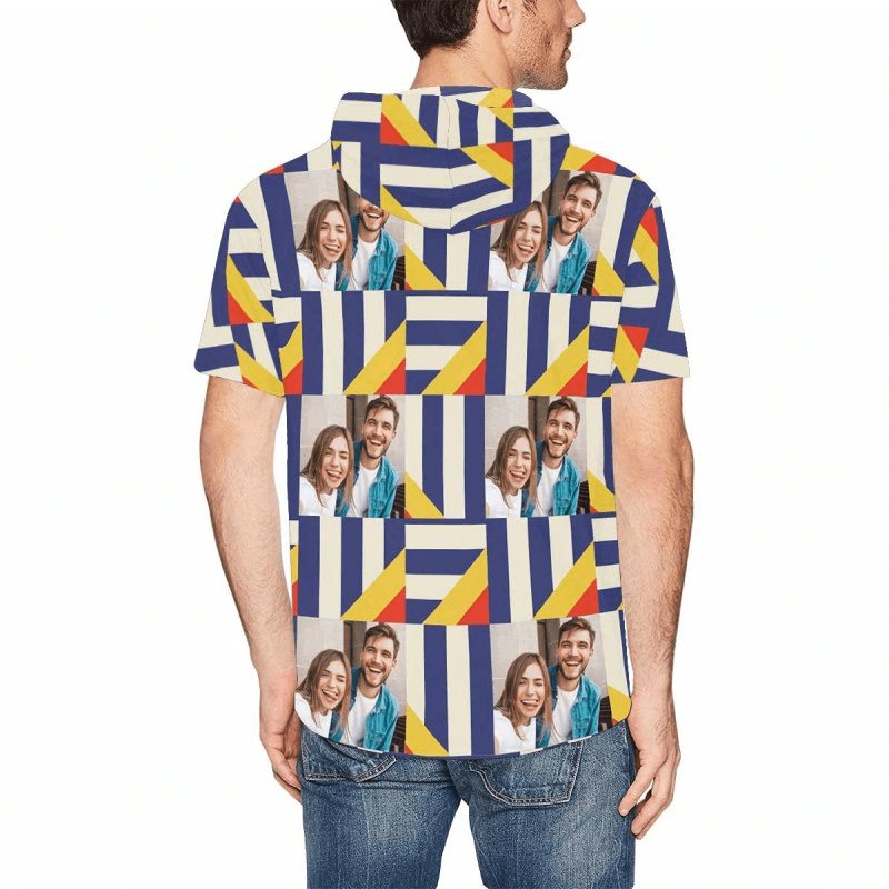 Custom Custom Face Geometric Stitching Short Sleeve Hoodie Men's Custom Face Loose Hoodie Personalized Hooded Pullover - YesCustom