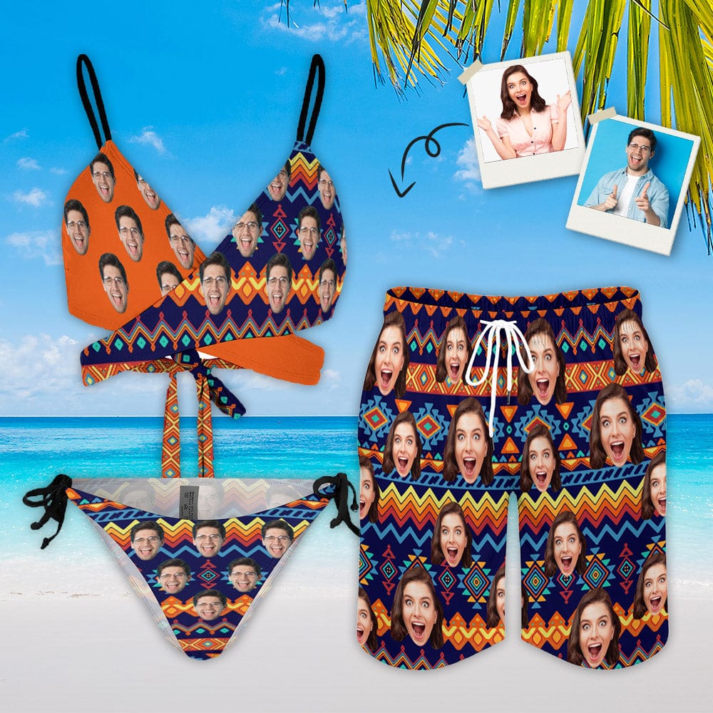 Custom Custom Face Geometry Couple Matching Swimwear Personalized Women's Halter Straps Bikini Set & Men's Swim Shorts For Summer Beach Vacation - YesCustom