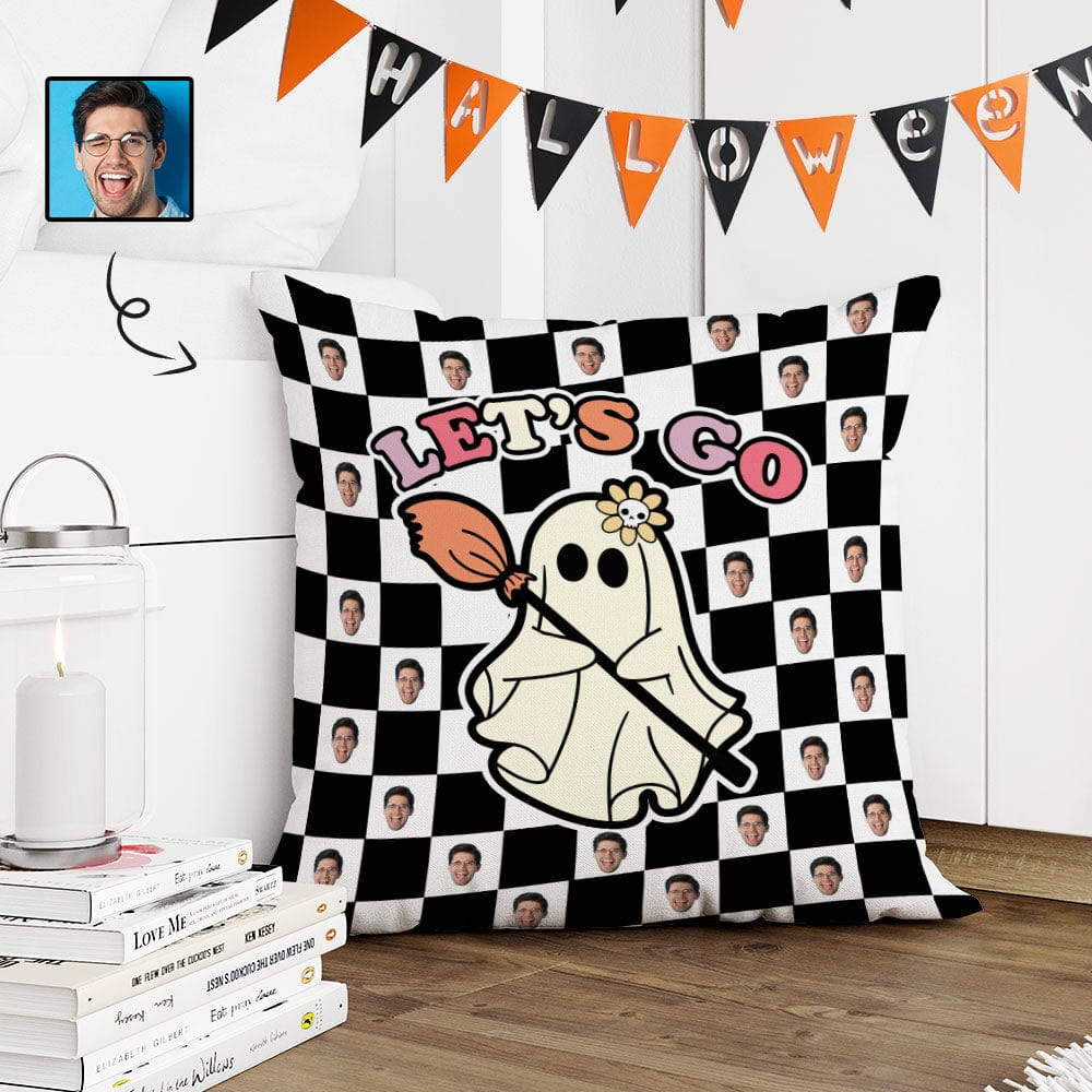 Custom Custom Face Ghost Black&White Grid Pillow Case Personalized Throw Pillow Cover Halloween Decorations - YesCustom