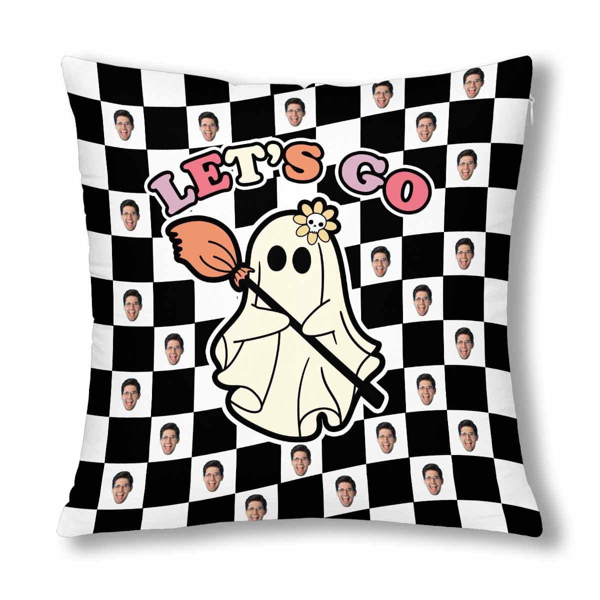 Custom Custom Face Ghost Black&White Grid Pillow Case Personalized Throw Pillow Cover Halloween Decorations - YesCustom