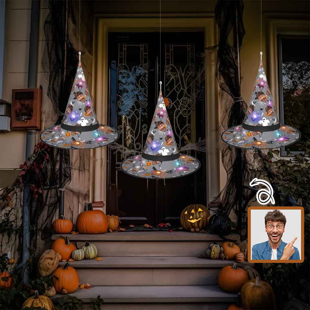 Custom Custom Face Ghost Halloween Lighted Witch Hat LED Lights Hats for Indoor Outdoor Party Haunted Mansion Halloween Decorations - YesCustom