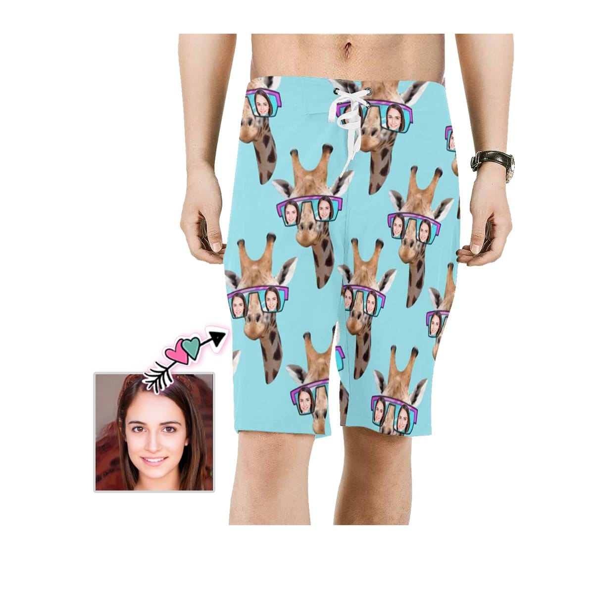 Custom Custom Face Giraffe Light Blue Men's All Over Print Beach Shorts - YesCustom