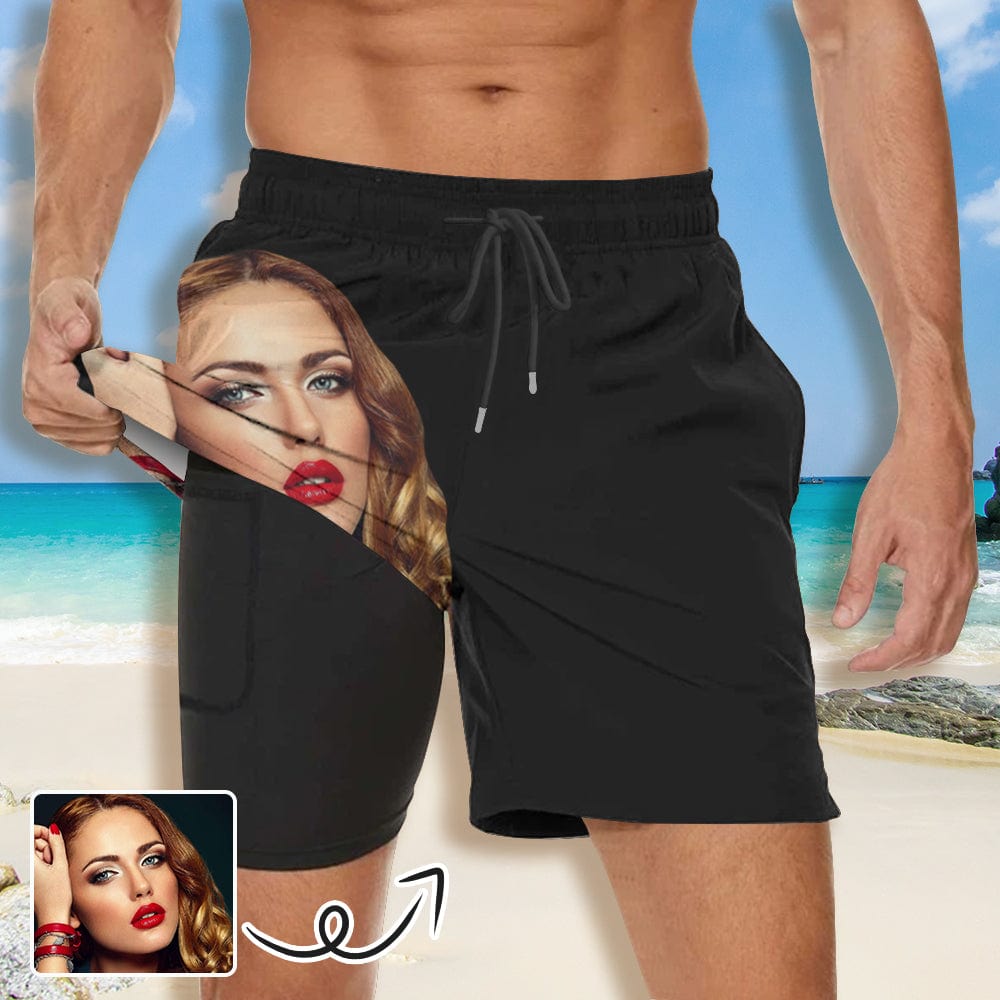 Custom Custom Face Girlfriend Men's Quick Dry 2 in 1 Surfing & Black Beach Shorts Male Gym Fitness Shorts - YesCustom