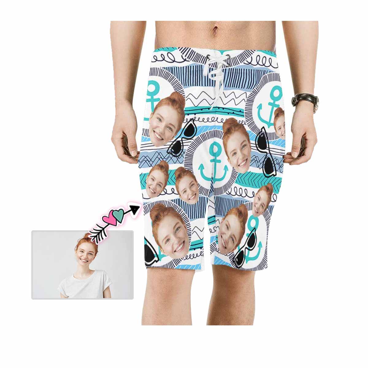 Custom Custom Face Glasses Personalized Photo Men's Beach Shorts Drawstring Shorts - YesCustom