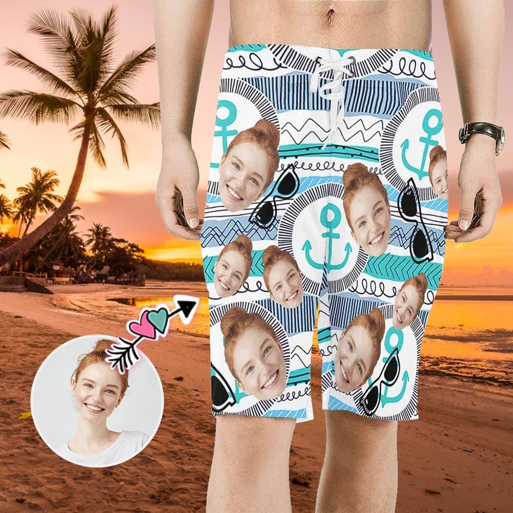 Custom Custom Face Glasses Personalized Photo Men's Beach Shorts Drawstring Shorts - YesCustom