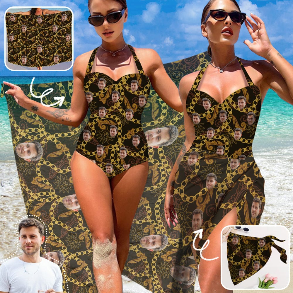 Custom Custom Face Gold Chain Strap Personalized One-piece Retro Bikini Swimsuit & Beach Wrap Set Custom One Piece Bathing Suits - YesCustom