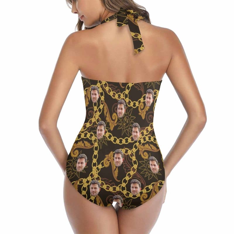 Custom Custom Face Gold Chain Strap Personalized One-piece Retro Bikini Swimsuit & Beach Wrap Set Custom One Piece Bathing Suits - YesCustom