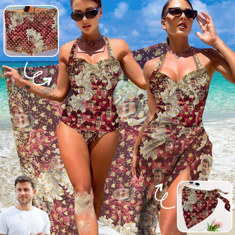 Custom Custom Face Gold Heart Strap Personalized One-piece Retro Bikini Swimsuit & Beach Wrap Set Custom One Piece Bathing Suits - YesCustom