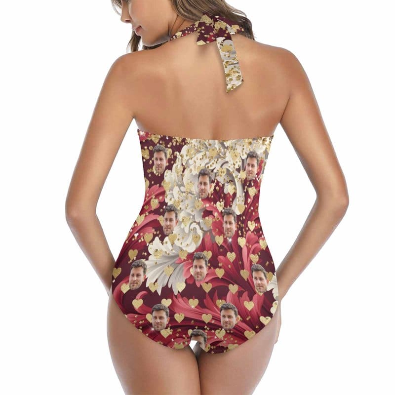 Custom Custom Face Gold Heart Strap Personalized One-piece Retro Bikini Swimsuit & Beach Wrap Set Custom One Piece Bathing Suits - YesCustom