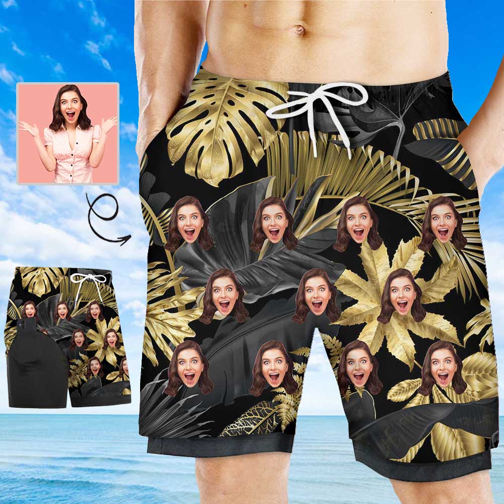 Custom Custom Face Golden Flower Men's Quick Dry 2 in 1 Surfing & Beach Shorts Male Gym Fitness Shorts - YesCustom