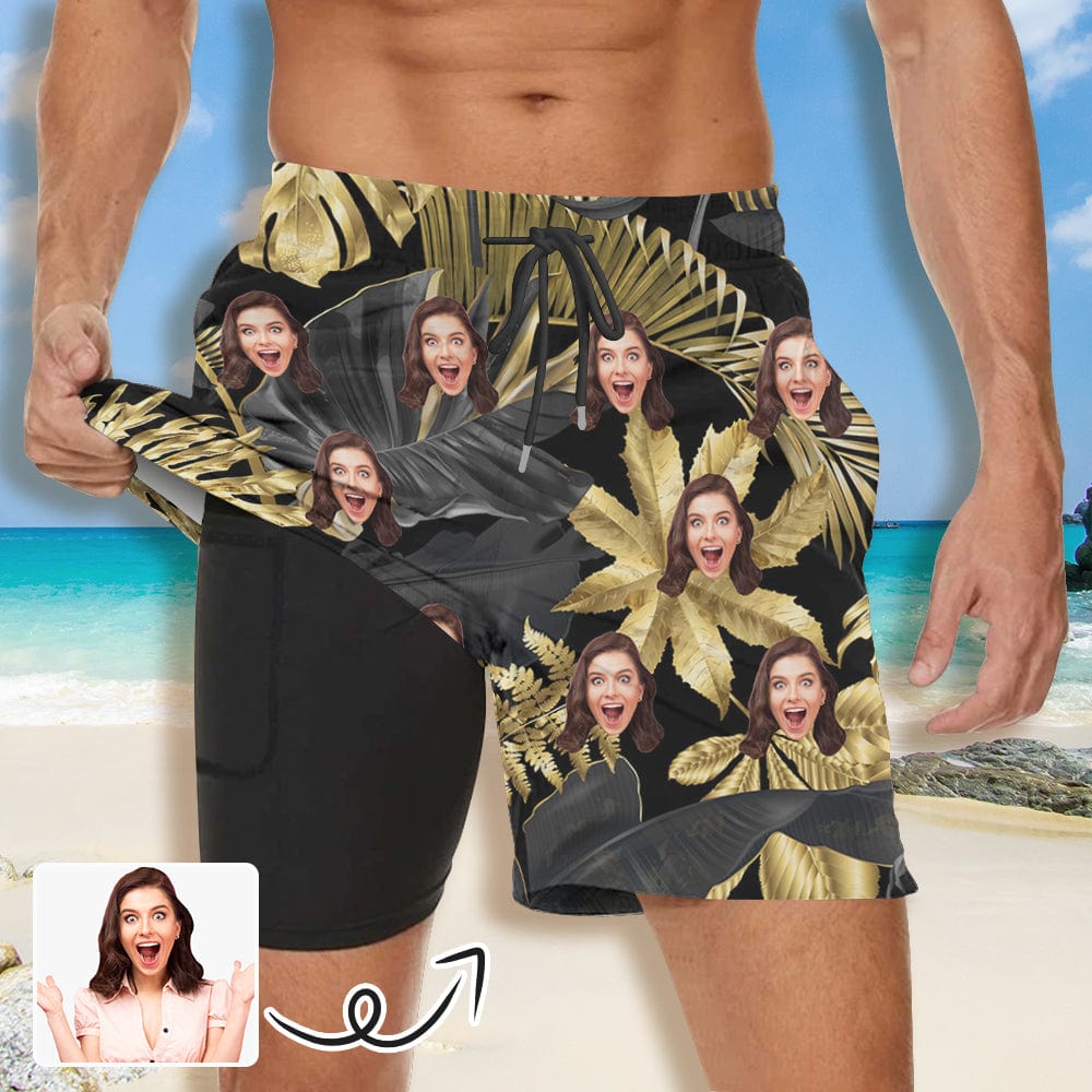 Custom Custom Face Golden Flower Men's Quick Dry 2 in 1 Surfing & Beach Shorts Male Gym Fitness Shorts - YesCustom