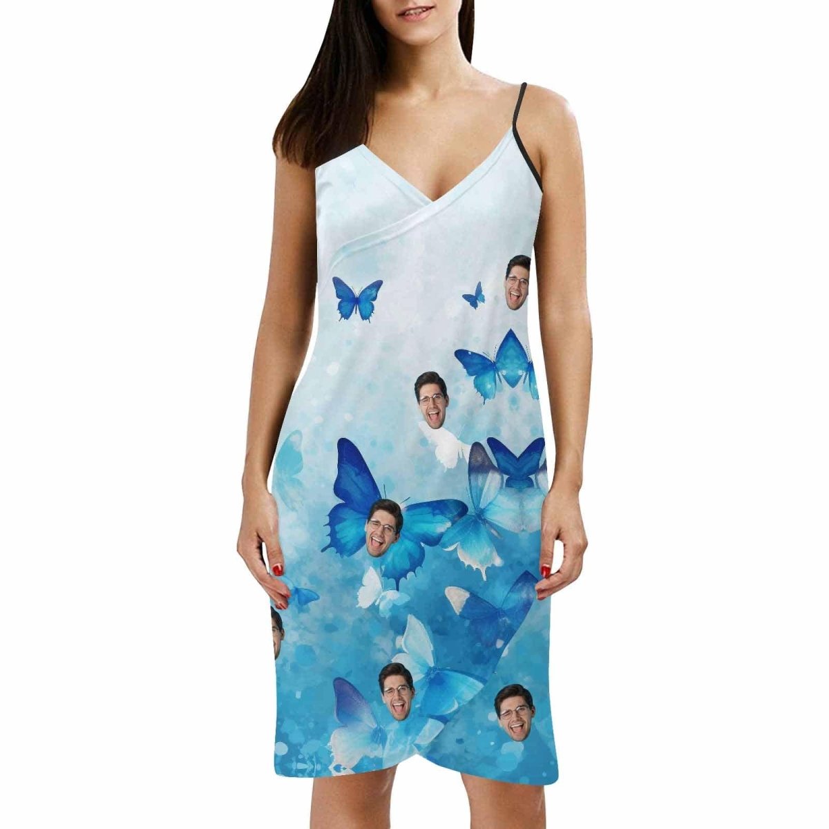 Custom Custom Face Gradient Blue Butterfly Strap Backless Beach Dress Personalized Women's Cover up Beach Dress - YesCustom