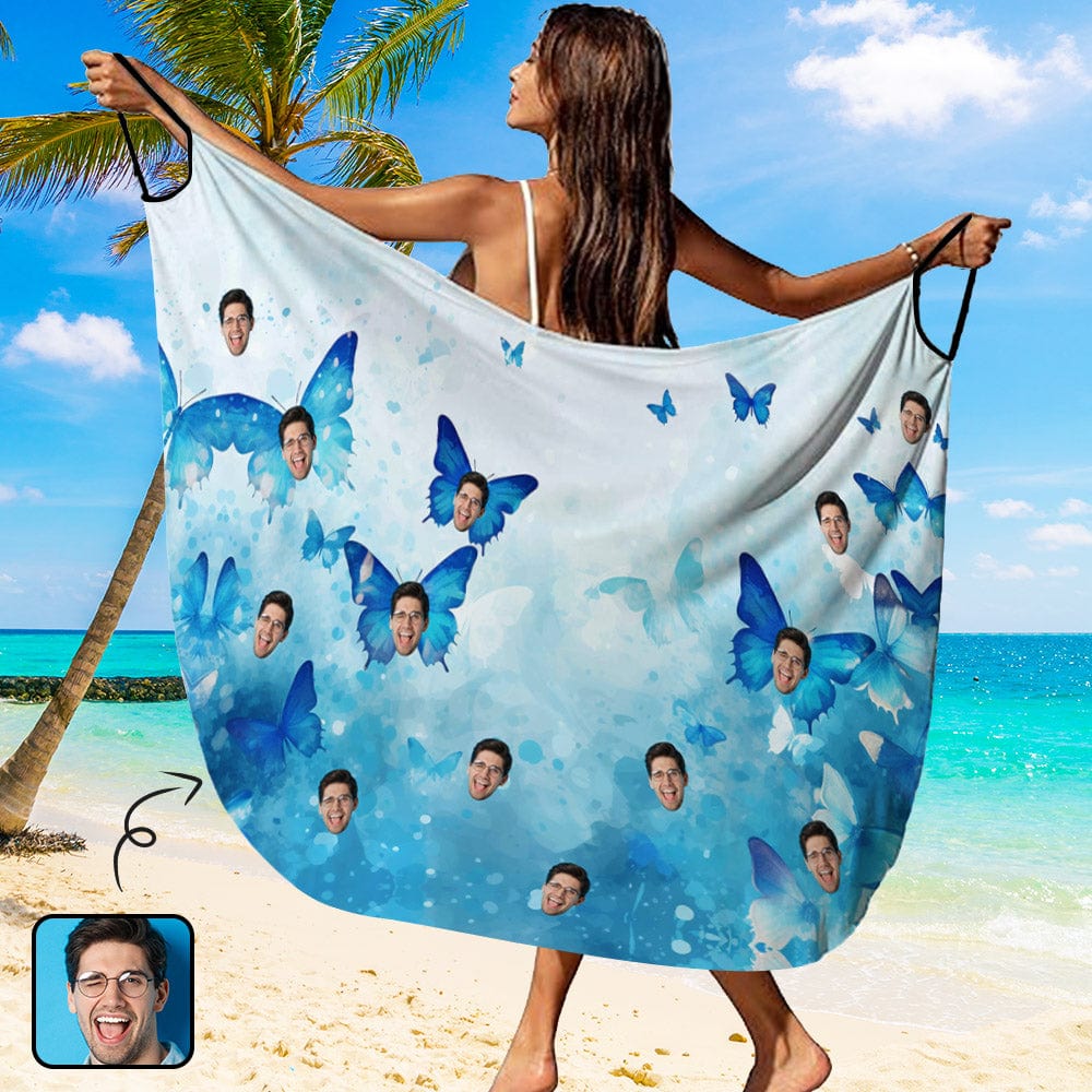 Custom Custom Face Gradient Blue Butterfly Strap Backless Beach Dress Personalized Women's Cover up Beach Dress - YesCustom