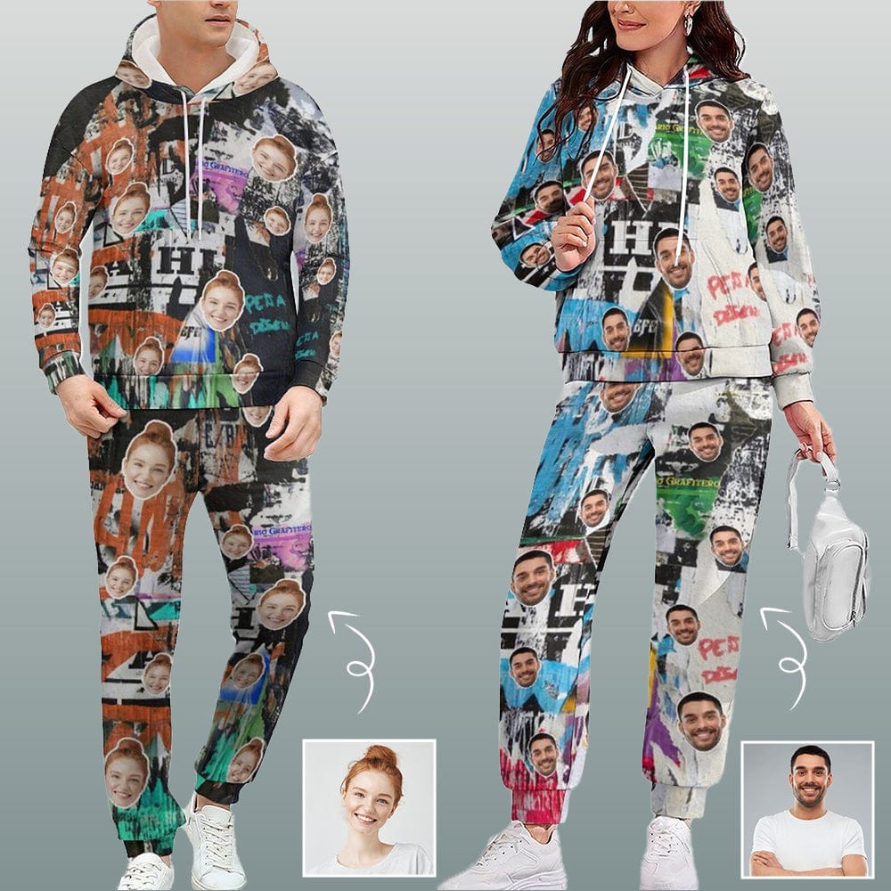 Custom Custom Face Graffiti Couple Hoodie Sweatpant Set Personalized Unisex Loose Hoodie Top Outfits - YesCustom