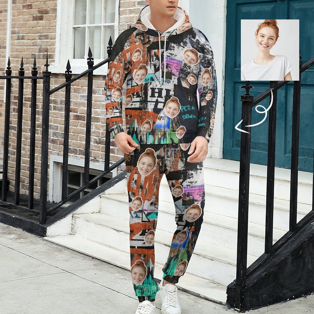 Custom Custom Face Graffiti Couple Hoodie Sweatpant Set Personalized Unisex Loose Hoodie Top Outfits - YesCustom