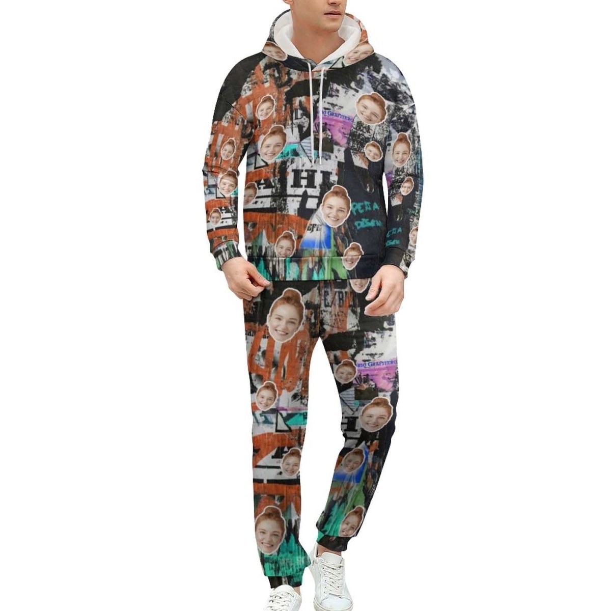 Custom Custom Face Graffiti Hoodie Sweatpant Set Personalized Unisex Loose Hoodie Top Outfits - YesCustom