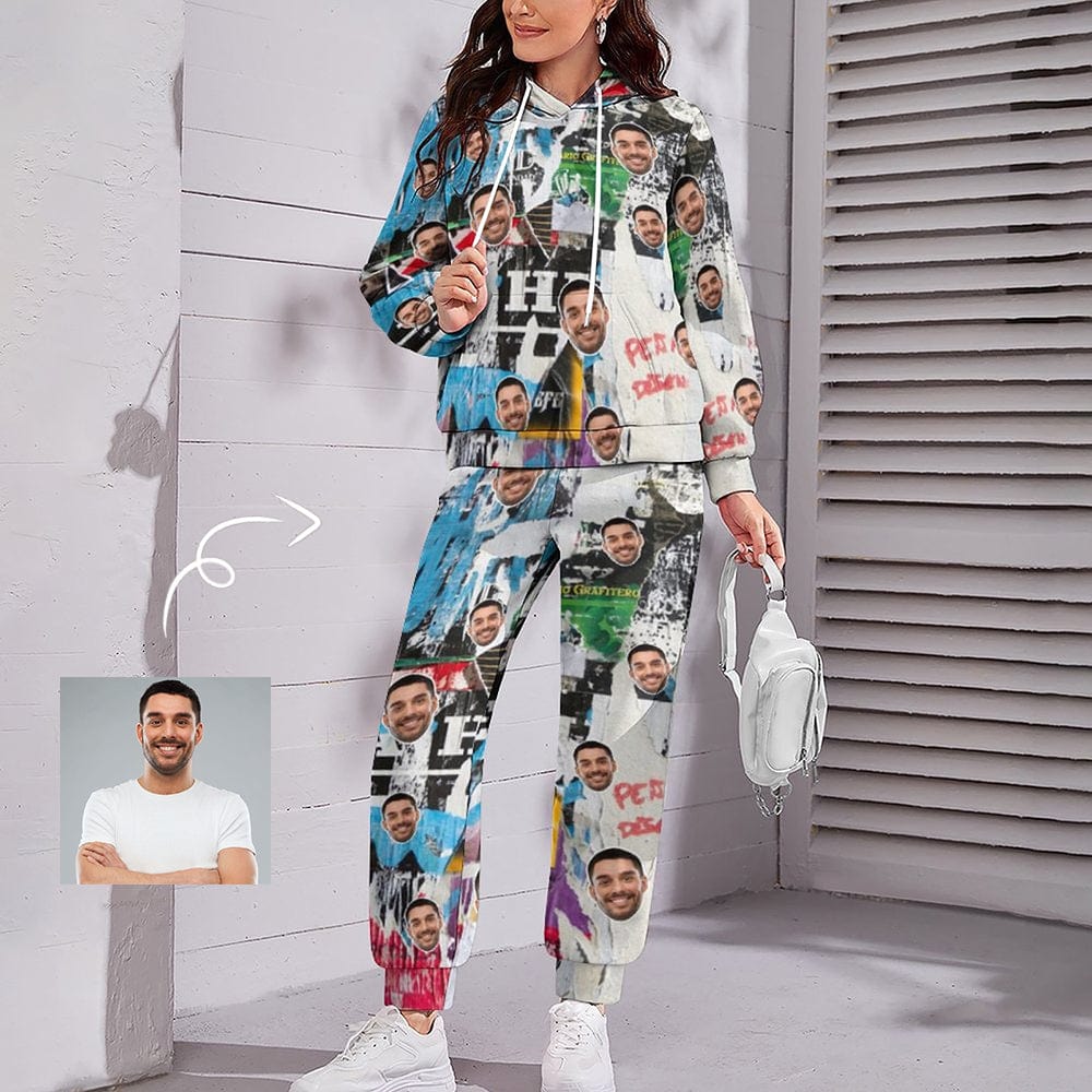 Custom Custom Face Graffiti Hoodie Sweatpant Set Personalized Unisex Loose Hoodie Top Outfits - YesCustom