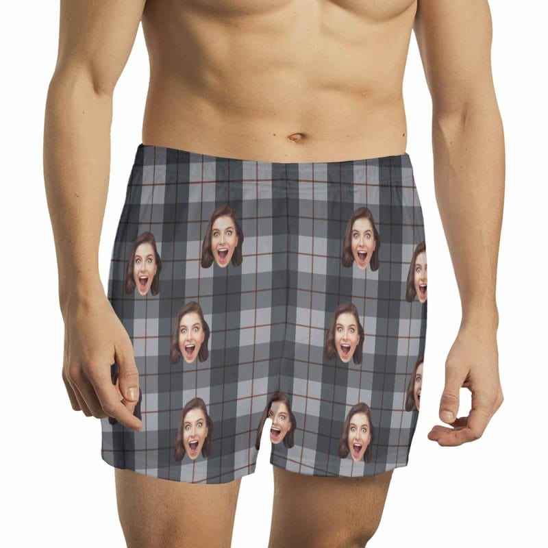 Custom Custom Face Gray Line Plaid Boxer Shorts Pure Cotton Shorts for Men - YesCustom