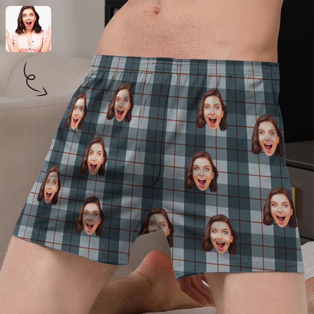 Custom Custom Face Gray Line Plaid Boxer Shorts Pure Cotton Shorts for Men - YesCustom