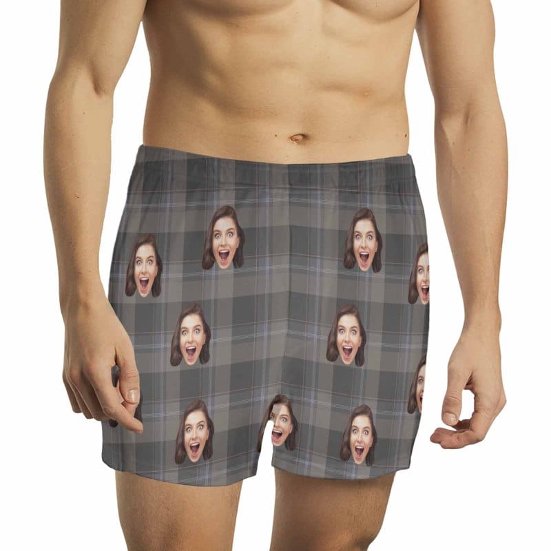 Custom Custom Face Gray Plaid Boxer Shorts Pure Cotton Shorts for Men - YesCustom