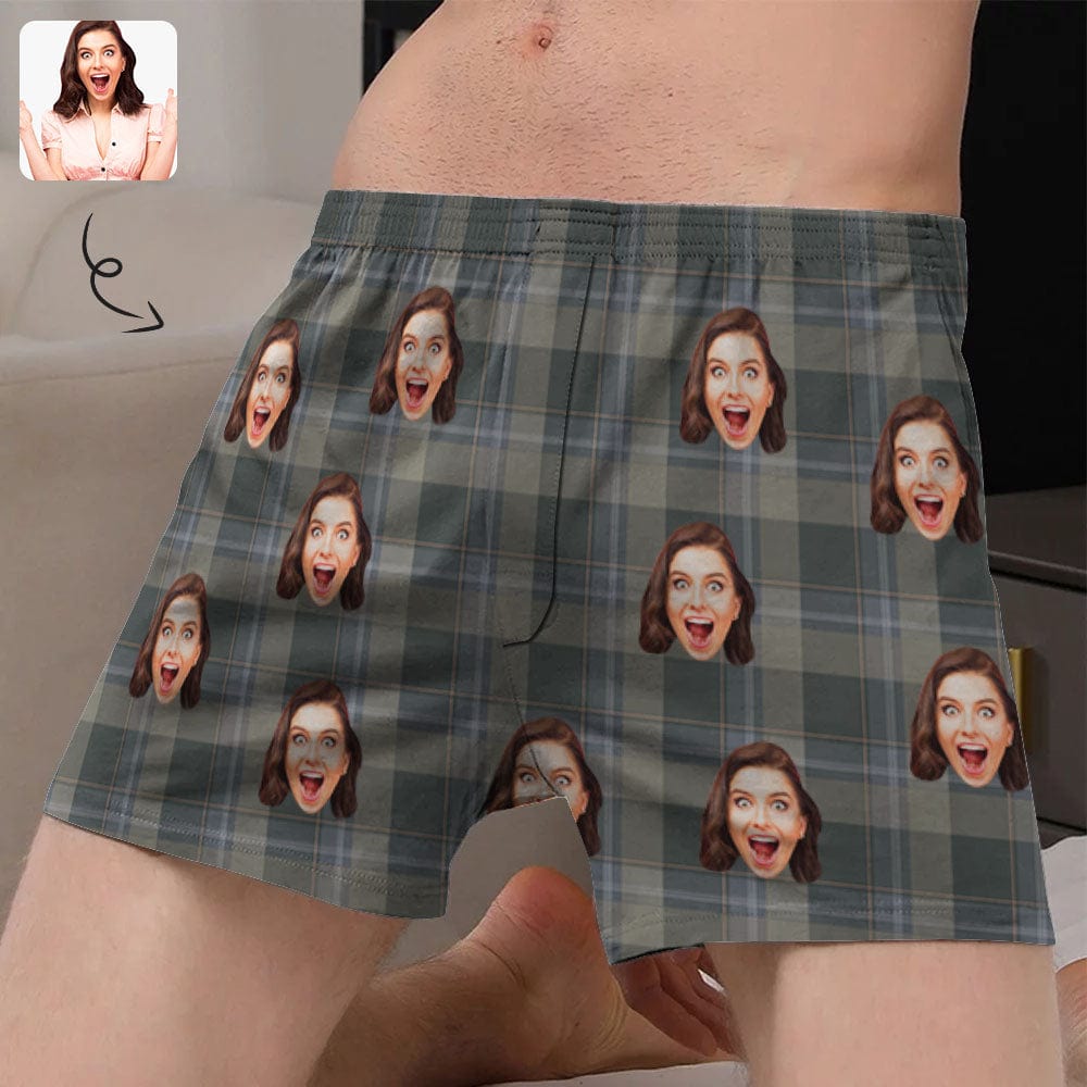 Custom Custom Face Gray Plaid Boxer Shorts Pure Cotton Shorts for Men - YesCustom