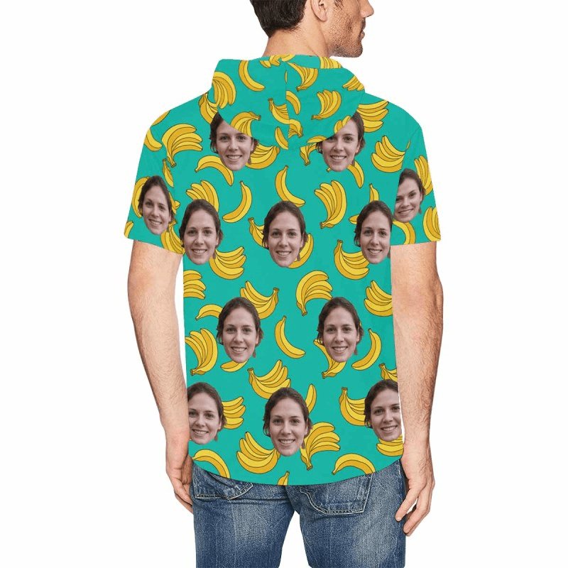 Custom Custom Face Green Banana Short Sleeve Hoodie Men's Custom Face Loose Hoodie Personalized Hooded Pullover - YesCustom