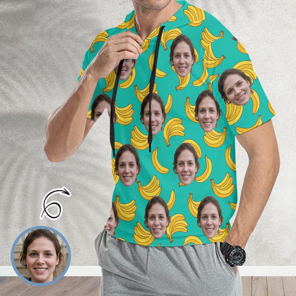 Custom Custom Face Green Banana Short Sleeve Hoodie Men's Custom Face Loose Hoodie Personalized Hooded Pullover - YesCustom