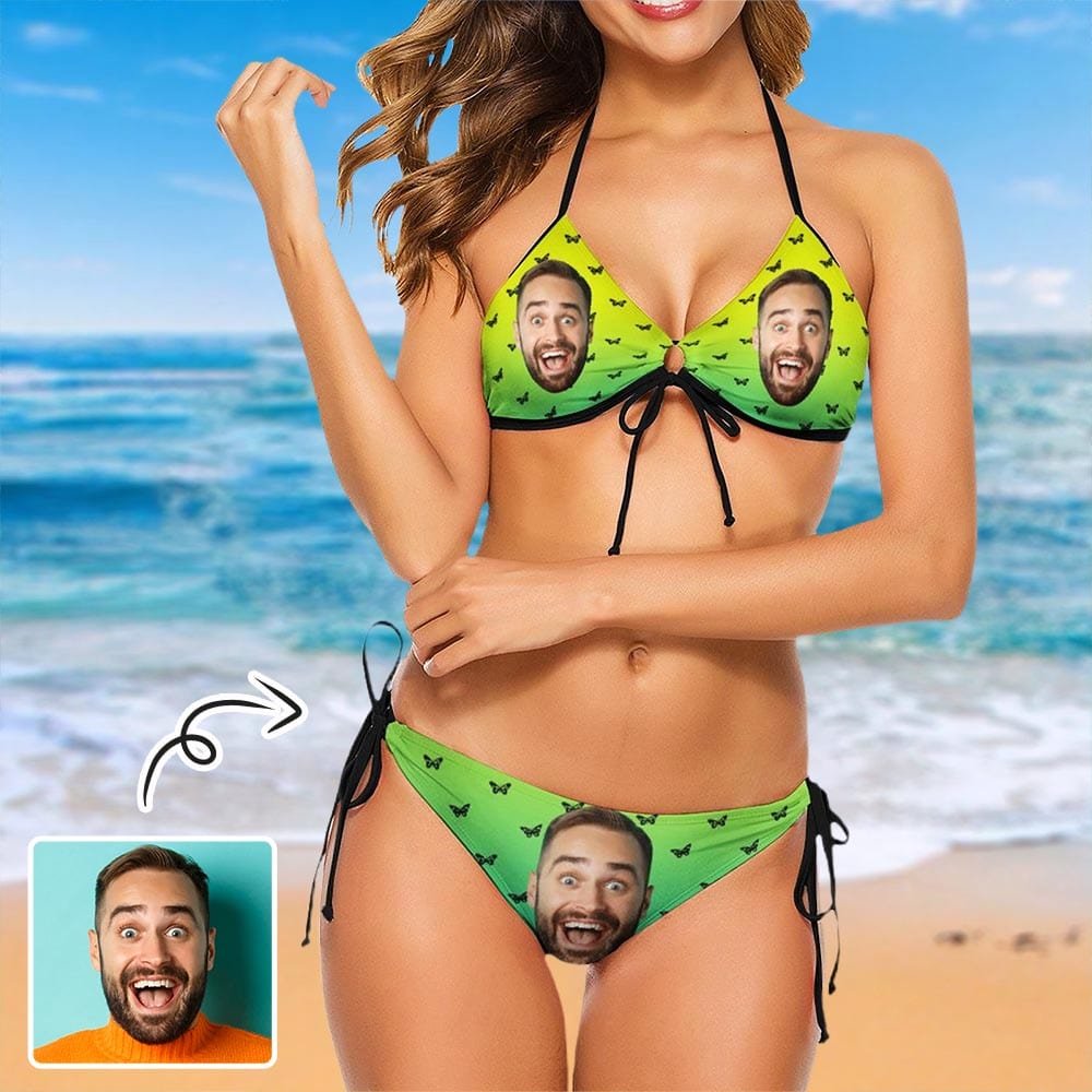 Custom Custom Face Green Bikini Personalized Swimwear Women's Two-Piece Bikini Swimwear Summer Beach Pool Set - YesCustom
