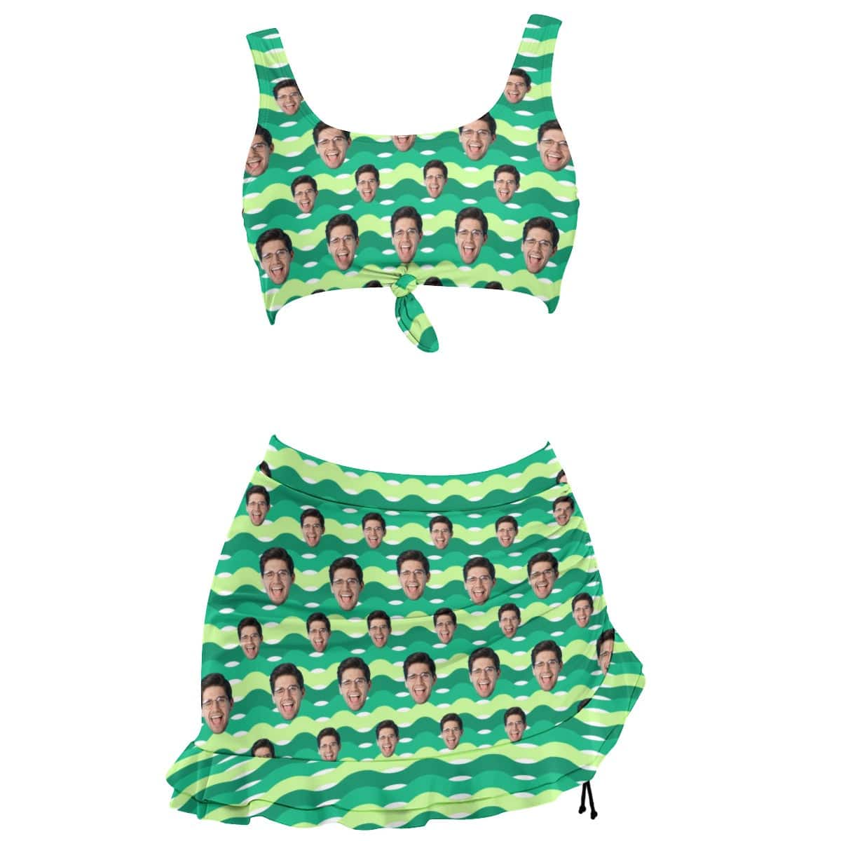 Custom Custom Face Green Bikini Set Personalized Drawstring Chest Strap Bikini Skirt - YesCustom
