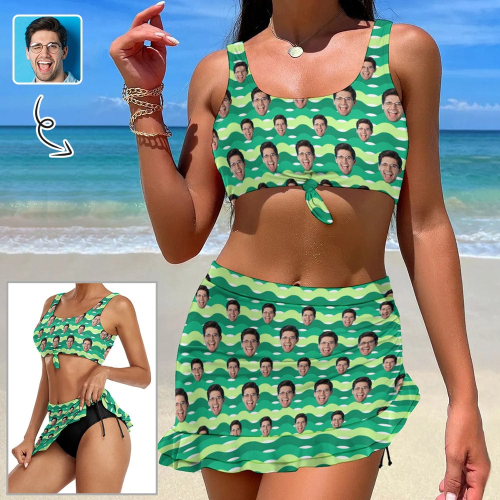 Custom Custom Face Green Bikini Set Personalized Drawstring Chest Strap Bikini Skirt - YesCustom