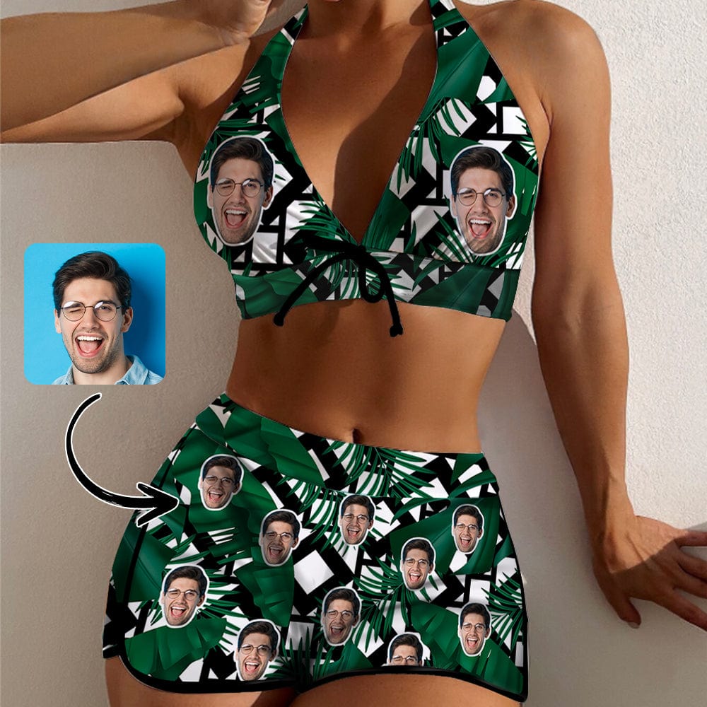 Custom Custom Face Green Boyshorts Bikini Set Personalized Halter V Neck Top Athletic Bathing Suit High Waisted Bikini - YesCustom