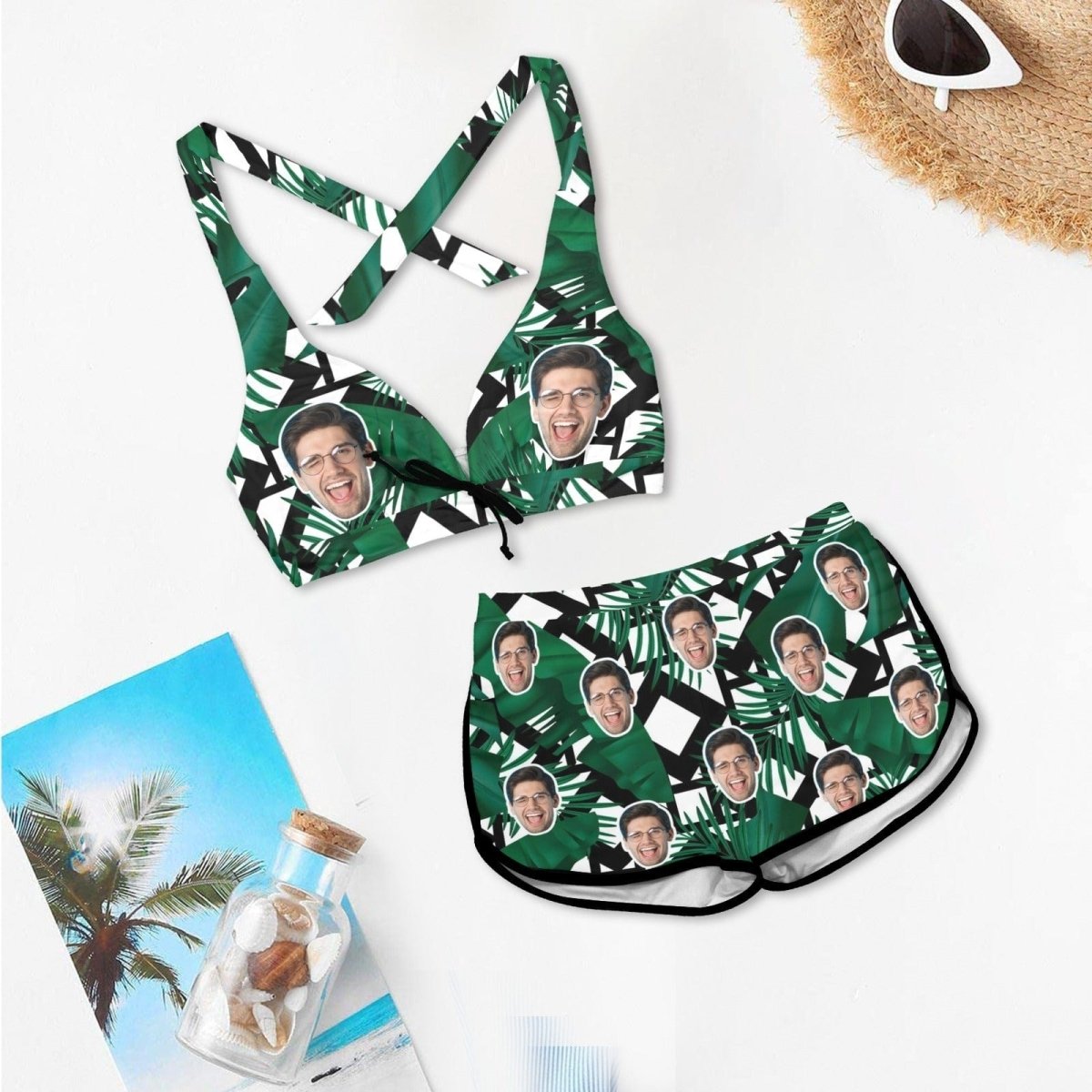 Custom Custom Face Green Boyshorts Bikini Set Personalized Halter V Neck Top Athletic Bathing Suit High Waisted Bikini - YesCustom