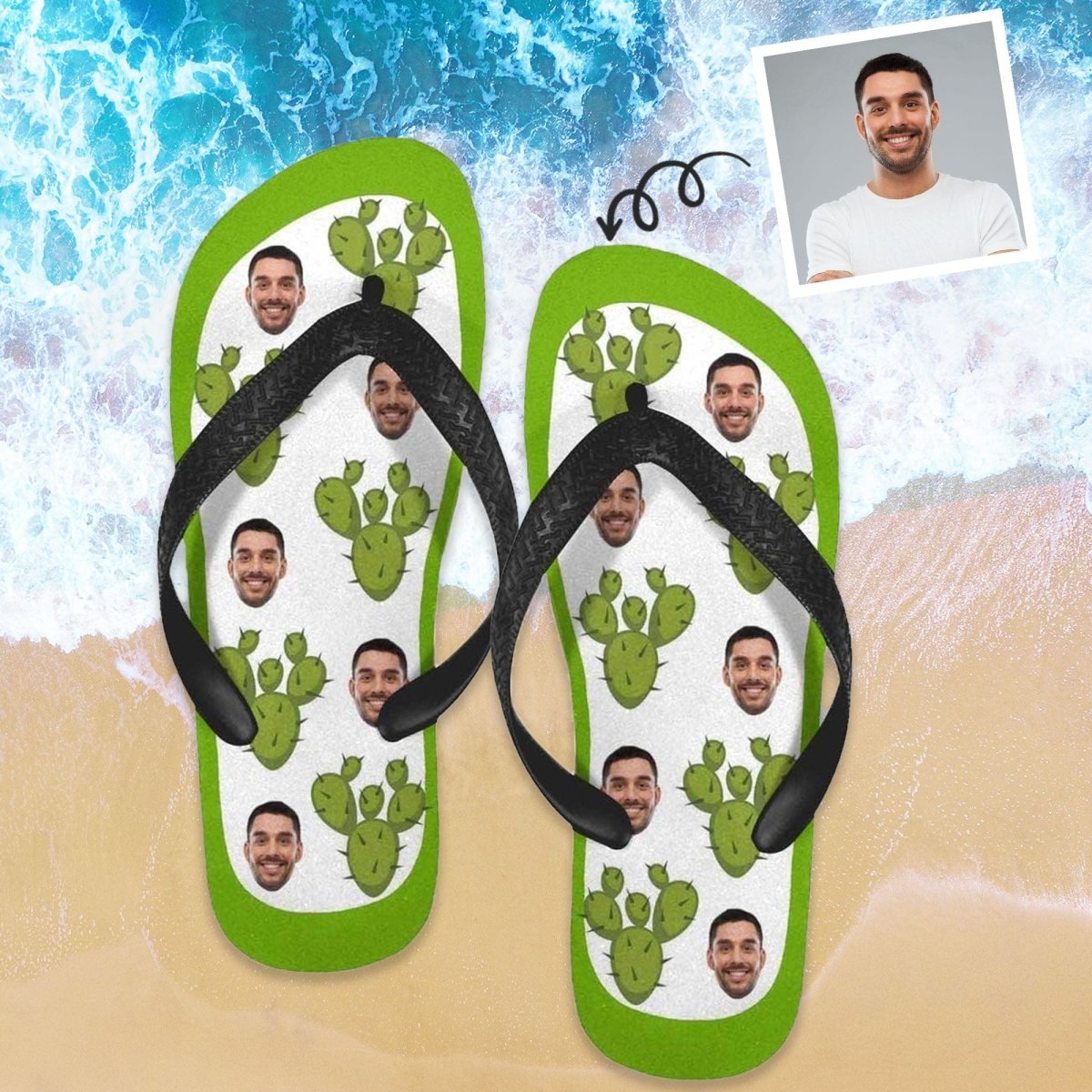 Custom Custom Face Green Cactus Flip Flops For Both Man And Woman Funny Gift For Vacation,Wedding Ideas For Guests - YesCustom
