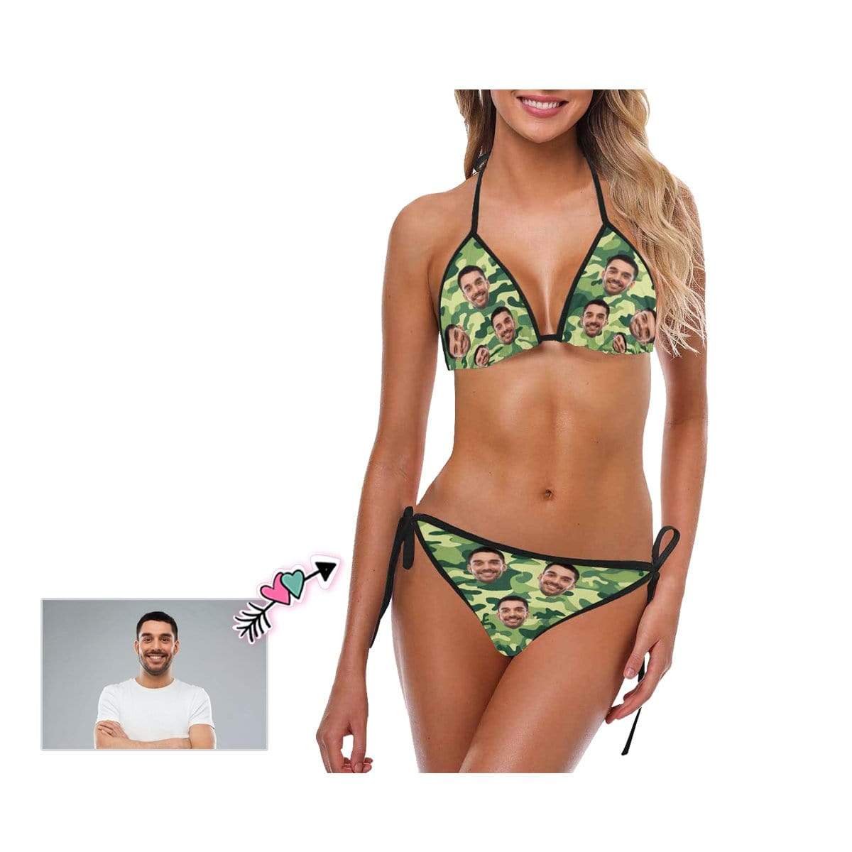 Custom Custom Face Green Camo String Halter Tie Side Low Waisted Triangle Bikini Personalized Bathing Suit Women's Two Piece Swimsuit Summer Beach Pool Outfits - YesCustom