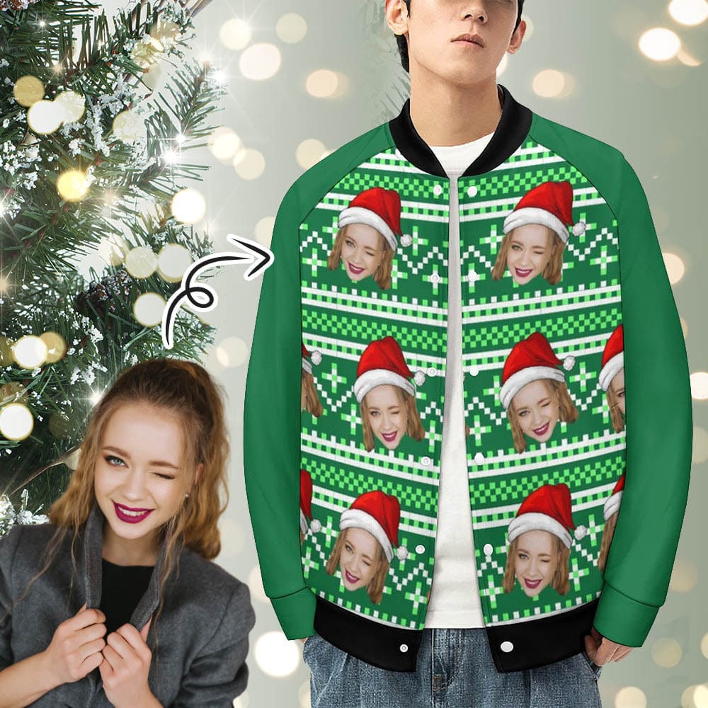 Custom Custom Face Green Christmas Men's Bomber Jacket Outerwear - YesCustom