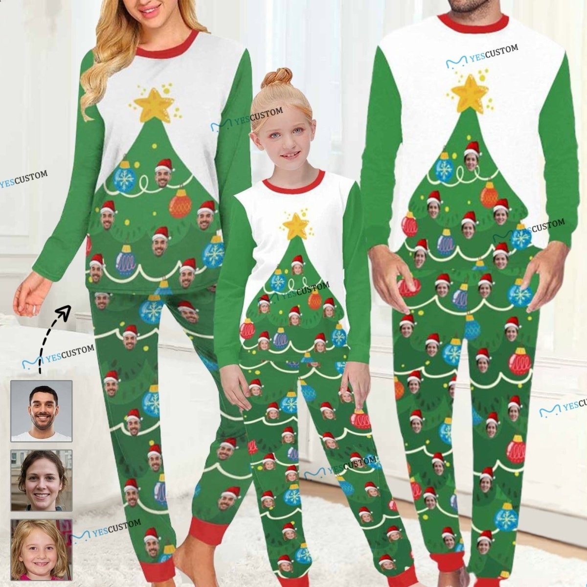 Custom Custom Face Green Christmas Tree Sleepwear Personalized Family Matching Long Sleeve Pajamas Set - YesCustom