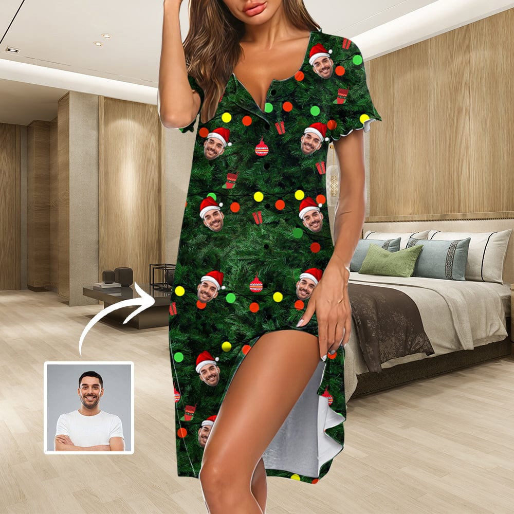 Custom Custom Face Green Christmas Women's Nightshirt Short Sleeve Button Down Nightgown V-Neck Sleepwear Pajama Dress - YesCustom