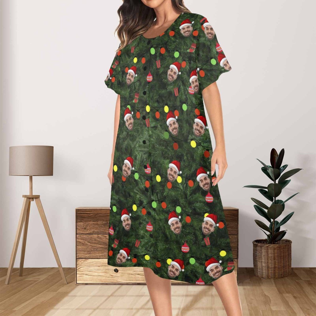 Custom Custom Face Green Christmas Women's Nightshirt Short Sleeve Button Down Nightgown V-Neck Sleepwear Pajama Dress - YesCustom