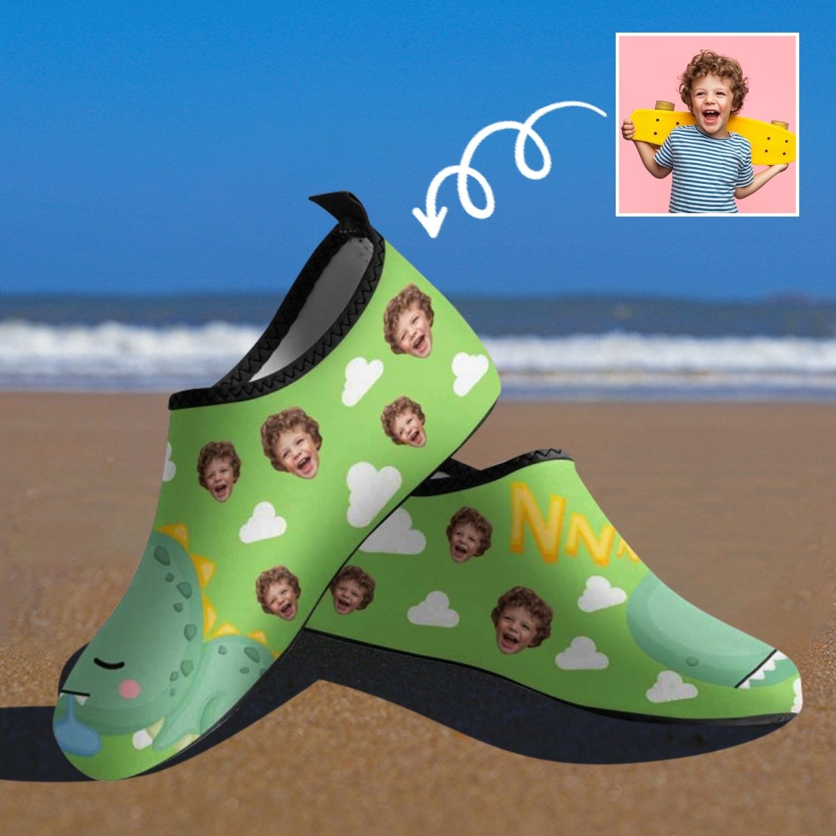 Custom Custom Face Green Dinosaur Kids Diving Slip-on for sport Quick-Dry Shoes Beach Swimming Shoes Aqua Shoes Barefoot Shoes Outdoor Water Shoes - YesCustom