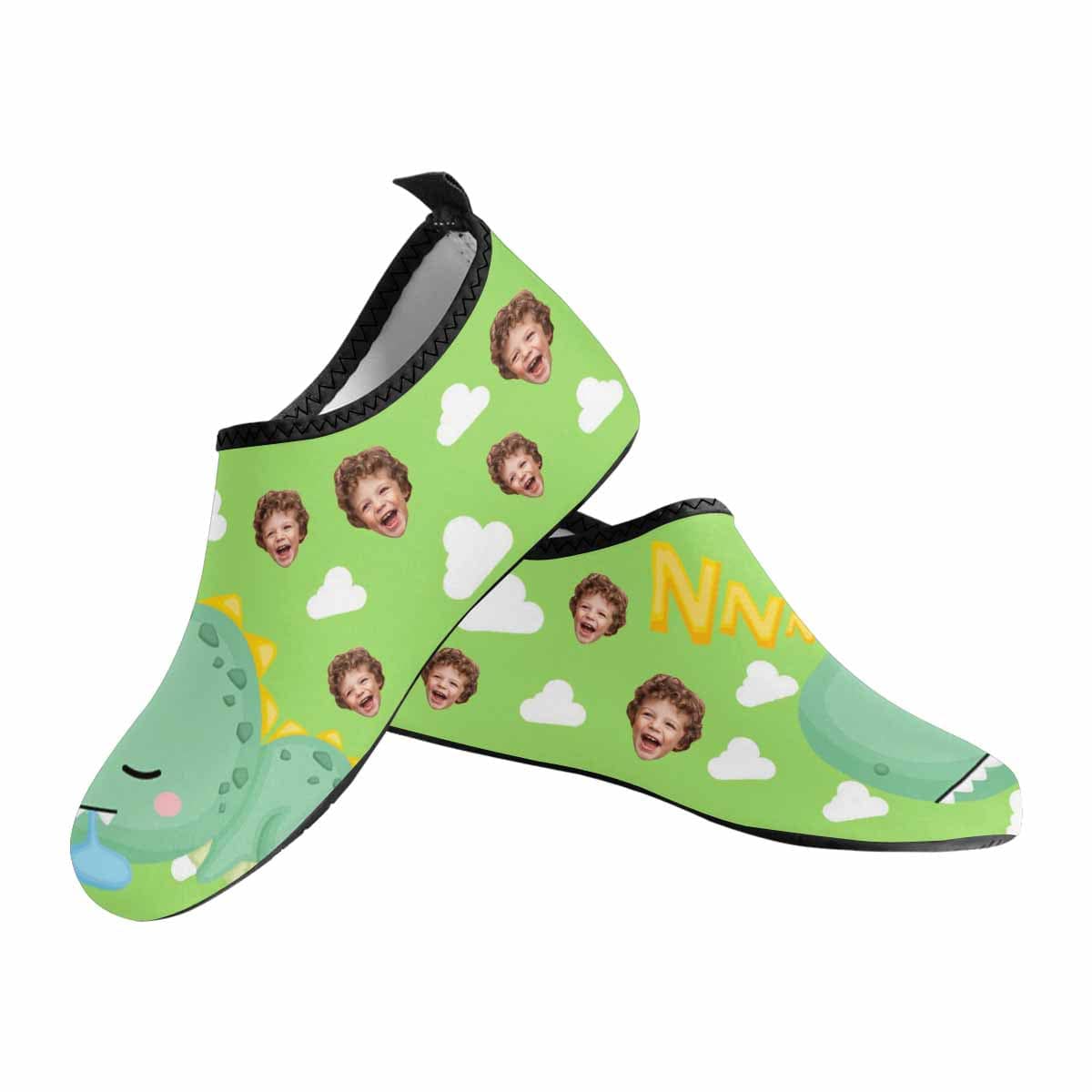 Custom Custom Face Green Dinosaur Kids Diving Slip-on for sport Quick-Dry Shoes Beach Swimming Shoes Aqua Shoes Barefoot Shoes Outdoor Water Shoes - YesCustom