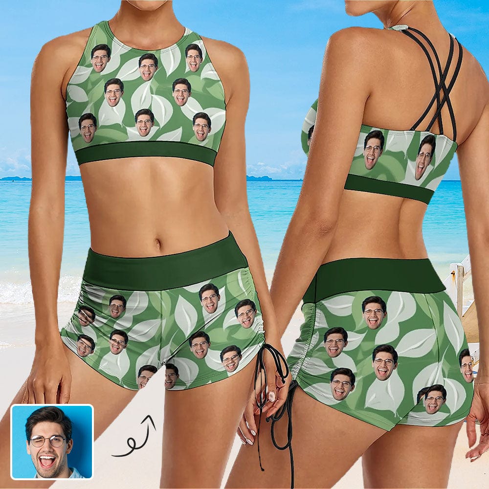 Custom Custom Face Green Drawstring Boyshorts Bikini Set Personalized High Waisted Bikini Bathing Suit - YesCustom