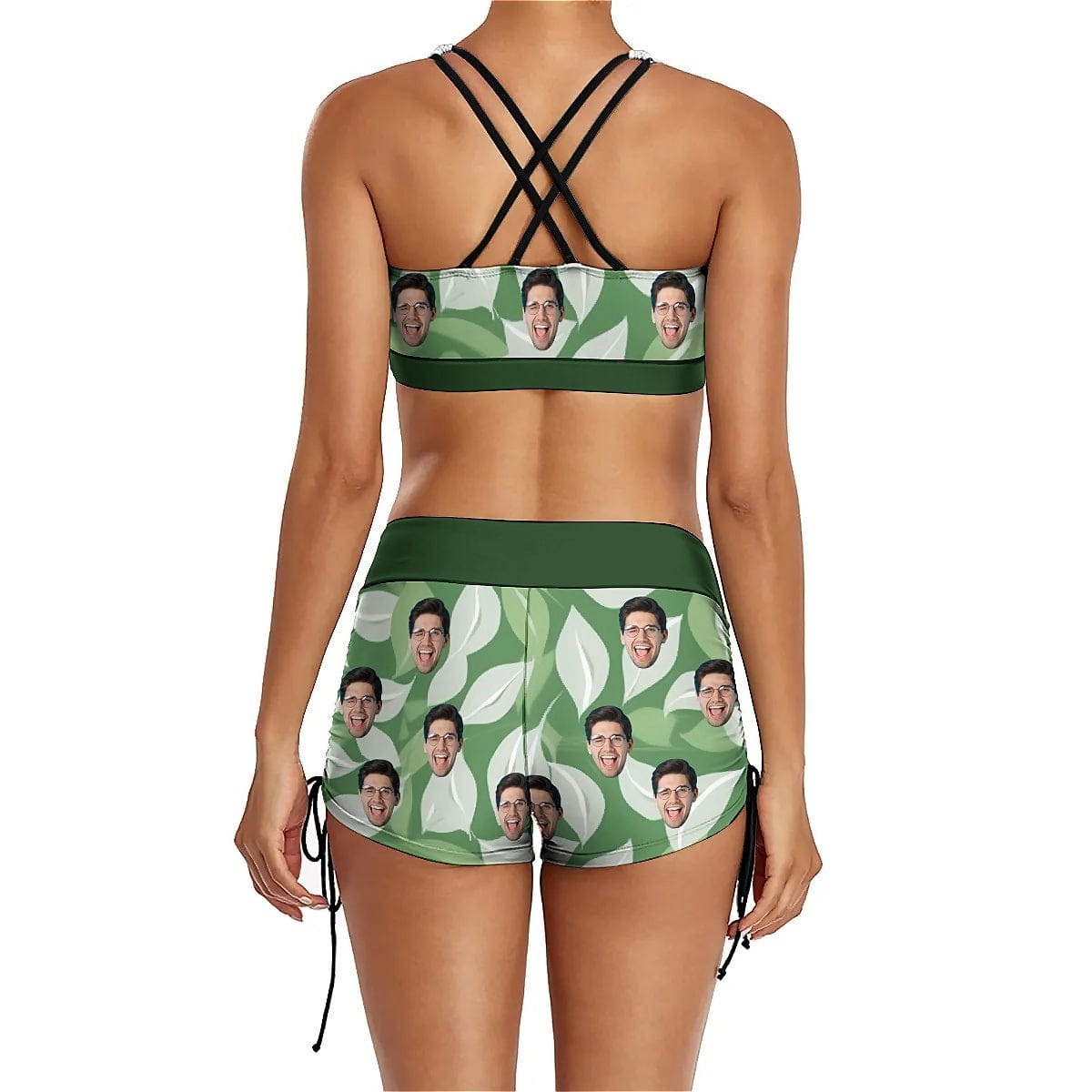 Custom Custom Face Green Drawstring Boyshorts Bikini Set Personalized High Waisted Bikini Bathing Suit - YesCustom
