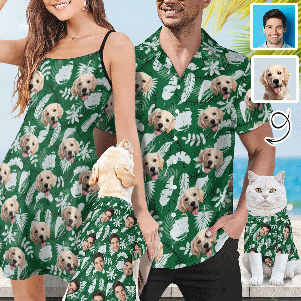 Custom Custom Face Green Feather Matching Pet and Owner Hawaiian Shirts Custom Pet Shirt Gift - YesCustom