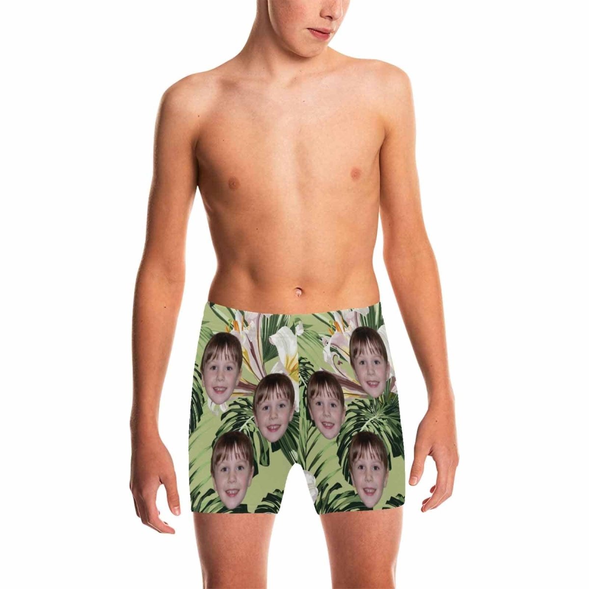 Custom Custom Face Green Flower Big Boys' Swimming Trunks Personalized Kids' Swim Shorts Children Swimwear - YesCustom