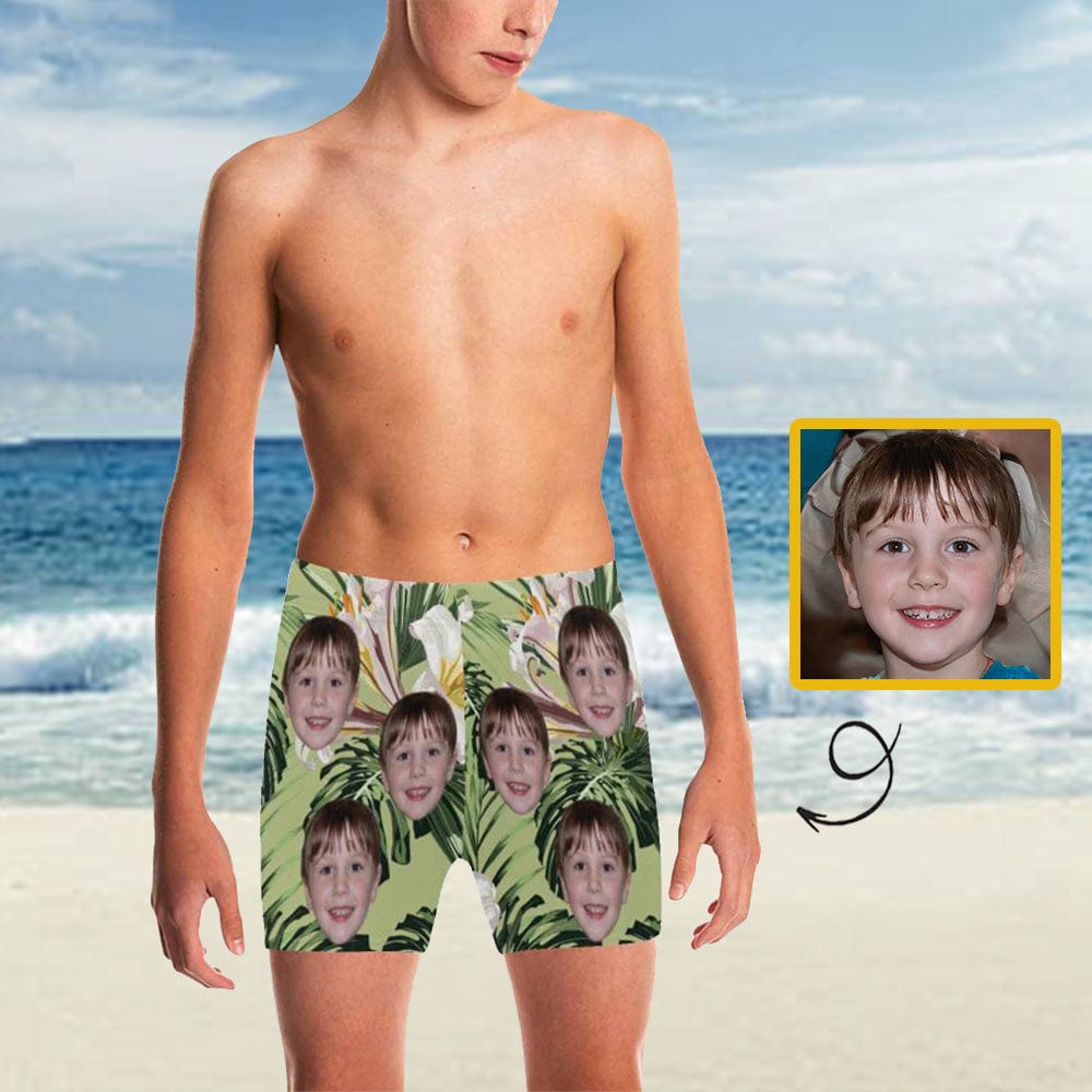 Custom Custom Face Green Flower Big Boys' Swimming Trunks Personalized Kids' Swim Shorts Children Swimwear - YesCustom