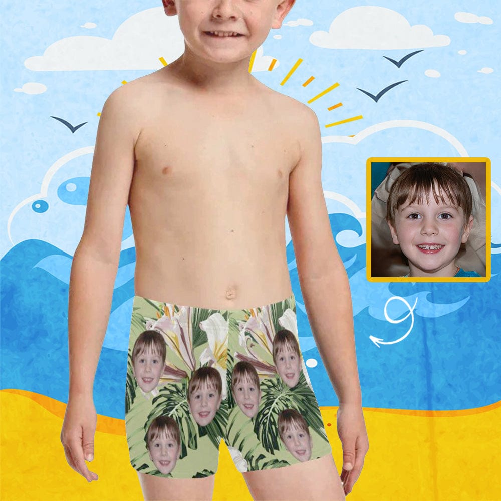 Custom Custom Face Green Flower Leaves Little Boys' Swimming Trunks Beach Shorts Personalized Toddler Boy Swim Shorts Children Swimwear - YesCustom